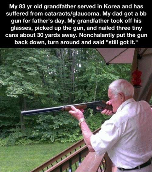 83 yr old grandfather remembers Korea war when received bb gun for fathers day.