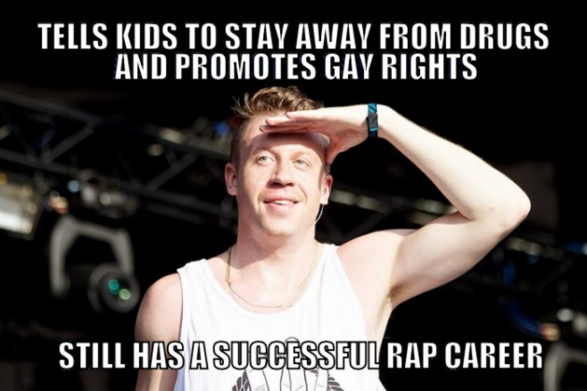 Ben Haggerty Macklemore - Tells kids to stay away from drugs and promotes gay rights. Still has a successful rap career