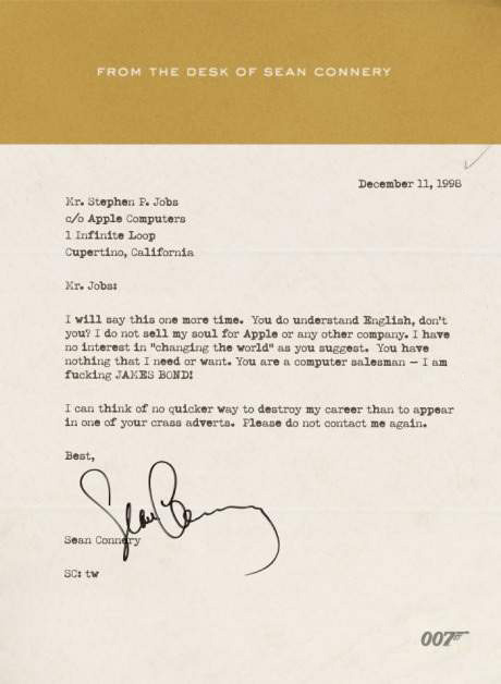 Letter to Steve Jobs from Sean Connery