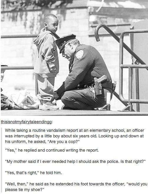 Little boy at school asks police officer to tie his shoe.